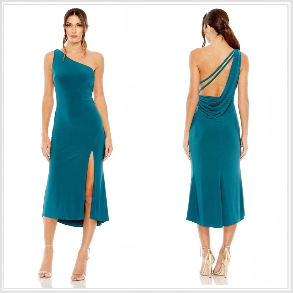 Mac Duggal Teal One-Shoulder Midi Dress